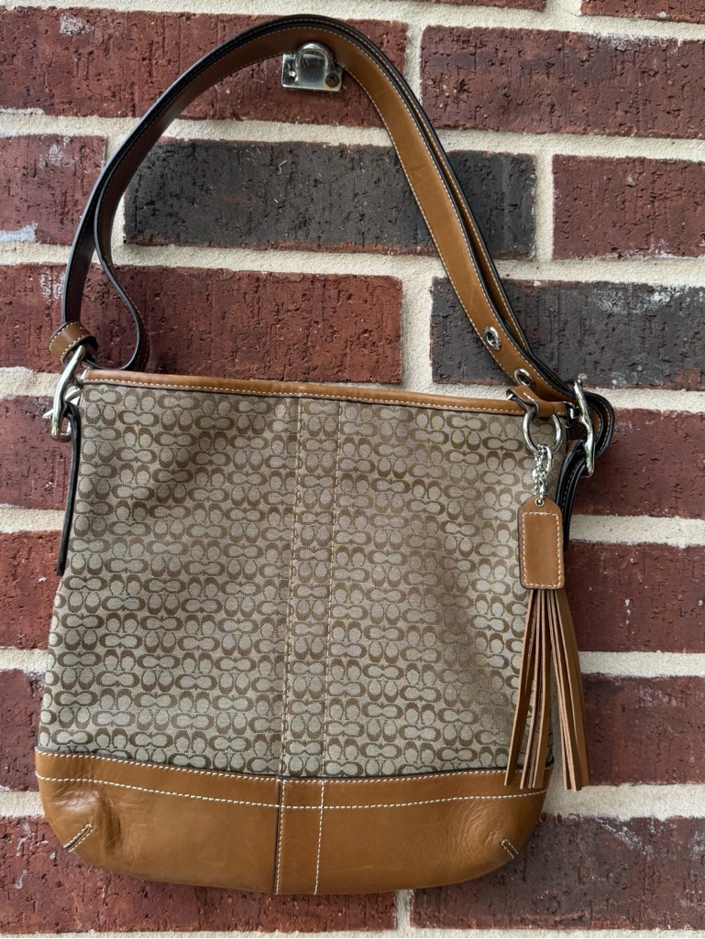 Vintage Coach Tan and Brown Signature Canvas Shoulder Bag with Tassel